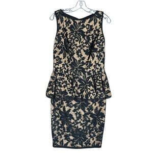 NWT Tadashi Shoji Black Nude Baroque Lace Peplum Sheath Dress Size 6